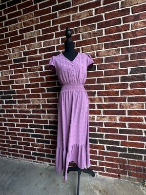 Smocked-Waist Lilac Maxi Dress with Button Front